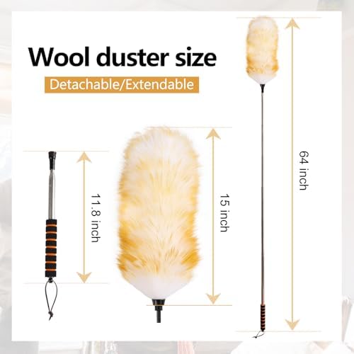 Lambswool Extendable Cleaning Duster 26-64 Inch, Anti-Static Wall Duster Cleaner with Sponge Grip and Stainless Steel Extension Pole for High Ceiling Fan, Interior, and Roof Dusting - Yellow & White