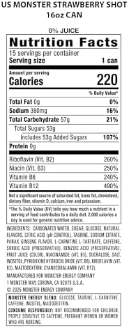 Monster Energy Strawberry Shot, Green, Original, Energy Drink, 16 Ounce (Pack of 15)