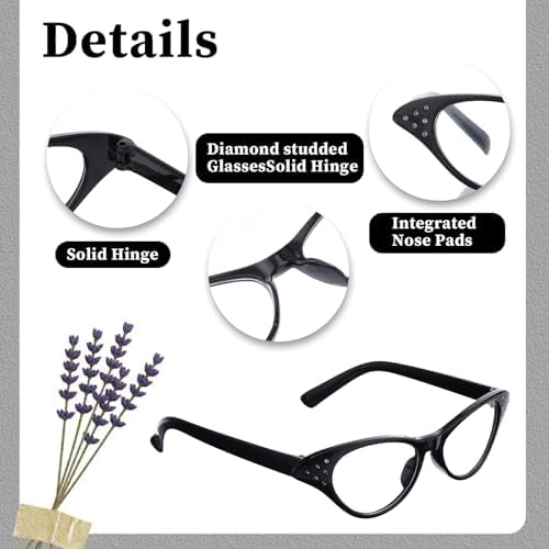 JJUNW 4Pcs Cat Eye Glasses with Rhinestones, Retro Party Costume Glasses for Halloween Cossplay Hip Hop Dress up Party Gifts
