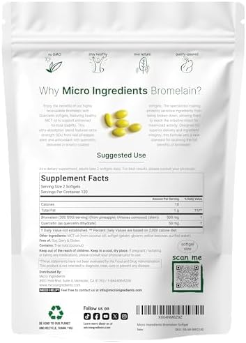 Bromelain 500mg with Quercetin & MCT Oil, 240 Enteric Coated Softgels | Ultra Absorption Bromelain Supplement | Natural Digestive Enzymes for Digestion & Joint Health | Non-GMO, Gluten Free