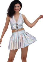 Women's Sexy Shiny Metallic Holographic Mini Skater Skirt High Waist Pleated Dance Skirt