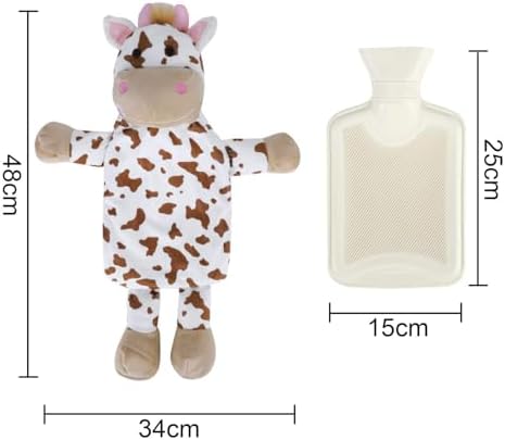 Mini Hot Water Bottle Warmer with Cute Cow Stuffed Animal Cover, Waist Neck Shoulder Hot and Cold Water Bag Winter Relaxing Portable Reusable Pain Relief Bottle