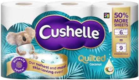 Cushelle Quilted Coconut 50% Longer Lasting Toilet Tissue 6 Equals 9 Regular Rolls