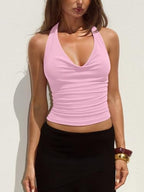 PINKMSTYLE Womens Sexy Halter Cowl Neck Backless Crop Tops Double Layer Ruched Going Out Summer Tank Top