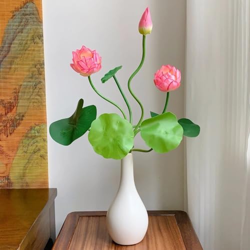 2pcs Artificial Lotus Flowers with Leaves 17" Mini Pink Fake Water Lily Bouquets for Vase Bouquet Home Office Wedding Decor.(Pink,2pcs)
