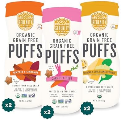 Serenity Kids 6+ Months Baby Puffs - Pack of 6, 1.5 Oz, Variety Pack - USDA Organic Grain Free Puffs - Healthy Snacks for Kids with Veggies & Olive Oil - Dissolvable Finger Food for Toddler Snacks