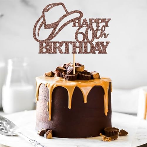 Ercadio 3 PCS Glitter Brown Happy 60th Birthday Cake Topper Men's Hat Cake Topper Older Wishers Man Boss Birthday Anniversary Party Cake Decorations Supplies