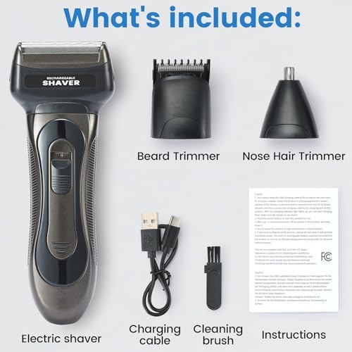 Electric Razor for Men, 3-in-1 Nose Hair Trimmer with Foil Face Shaver, Waterproof Wet & Dry Electric Razor for Smooth Skin with 60min Battery Runtime, USB-C Fast Rechargeable