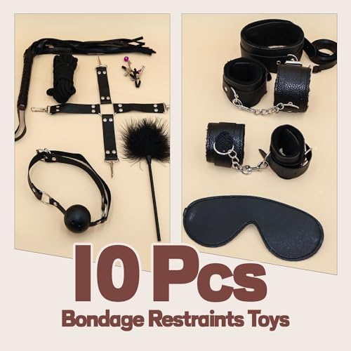 Couples Sexy Gift Sets 10pcs Set,Leather Restraints Ball Mouth Plug for Women, Adjustable Accessory for Couples Play Black ZF03