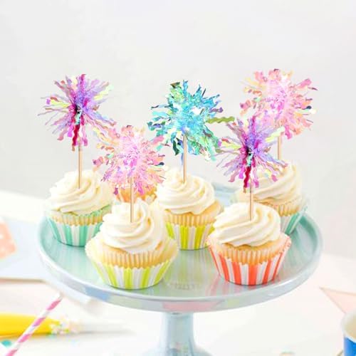 15 Pack Foil Firework Cupcake Toppers Birthday Cake Toppers Sparkle Tinsel Cocktail Fruit Toothpick for Birthday Wedding Happy New Year Graduation Valentine's Party Supplies
