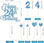 24th Birthday Cake Toppers, 24th Birthday Candles Numeral Candles and Glitter Cake Decorations Toppers Set for Party Supplies (Blue)