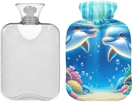 Dolphins Smiling Hot Water Bottles with Soft Cover Bed Hand Feet Warmer Winter Gift Hot Water Bag for Neck and Shoulder Pain Relief, 2 Liters