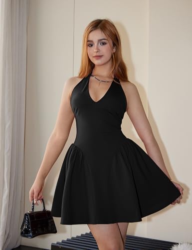 Women's Sexy Halter V Neck Sleeveless Backless Bow Tie A-line Party Club Short Mini Dress