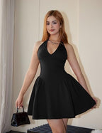 Women's Sexy Halter V Neck Sleeveless Backless Bow Tie A-line Party Club Short Mini Dress