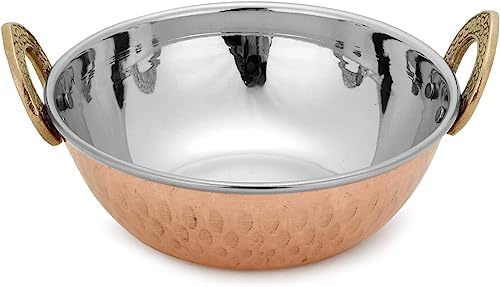 ® Set of 4, Indian Copper Serveware Karahi Vegetable Dinner Bowl with Solid Brass Handle for Indian Food, Diameter- 13 cm (5.2 Inches), Silver