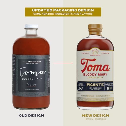Toma Bloody Mary Mix, Premium Cocktail Mixers for Simple At-Home Hosting for Brunch and Events, All-Natural, Gluten Free, Vegan, No Added Preservatives, PICANTE/CLASICO 32oz (Spicy/Medium), Pack of 2