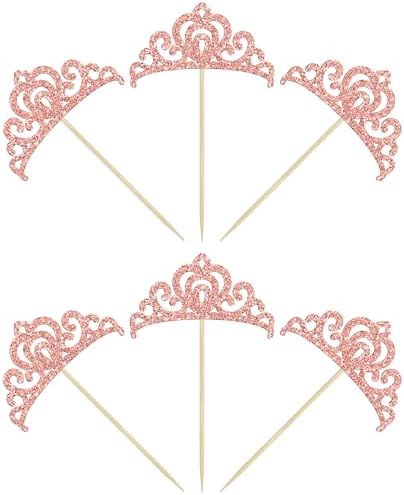 Gyufise 24Pcs Rose Gold Princess Crown Cupcake Toppers Glitter Princess Cake Pick Decorations for Wedding Girl Birthday Baby Shower Party Decorations