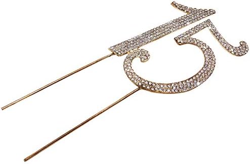 15 Gold Cake Topper | Premium Sparkly Crystal Rhinestones | 15th Birthday or Anniversary Party Decoration Ideas | Quality Metal Alloy | Perfect Keepsake Fifteen