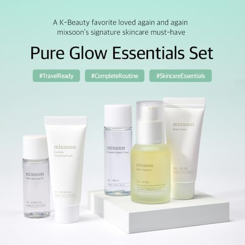 mixsoon Pure Glow Essentials Set - 5-Step Skincare Kit - Travel kit, Travel size kit, Hydrating Skincare Gift Set (15ml*1+20ml*3+30ml*1) Korean Glass Skin Care