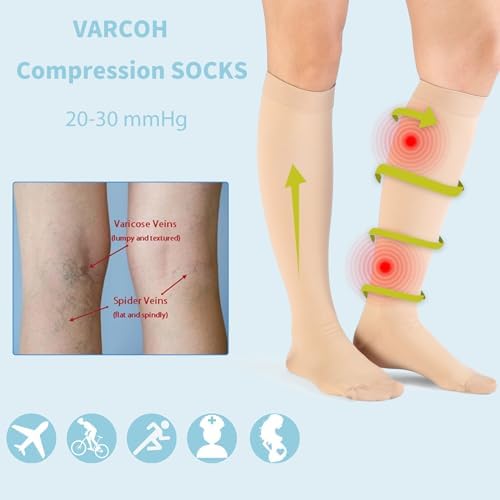 VARCOH Compression Socks for Women, Improve Varicose Veins, Leg Blood Circulation, 15-20 mmHg, Solid Color, Nylon/70%, Spandex/30%
