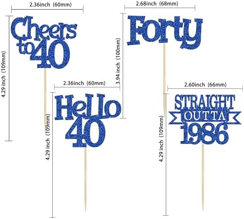 Ephlyn 24Pcs Happy 40th Birthday Cupcake Toppers Glitter Forty Straight Outta 1986 Cupcake Picks Hello 40 Cheers to 40 Years Birthday Cake Decorations for 40th Birthday Anniversary Party Supplies Blue
