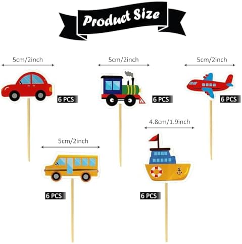 Transportation Cupcake Toppers Transport Themed Cupcake Decoration Supplies for Traffic Vehicles Airplane Ship Train Car Bus Cupcake for Baby Shower Birthday Party Cake Decoration 30 PCS