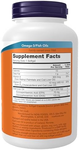 NOW Foods Supplements, Cod Liver Oil, Extra Strength 1,000 mg with Vitamins A & D-3, EPA, DHA, 180 Softgels