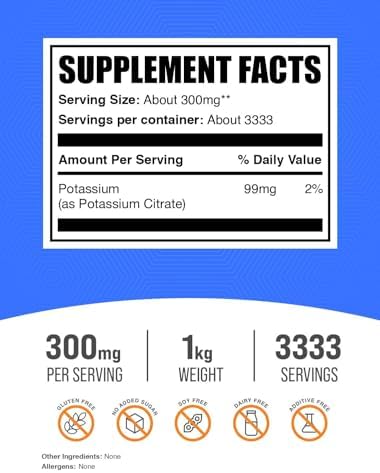 BulkSupplements.com Potassium Citrate Powder - for Hydration Support, Mineral Supplement, Potassium 99mg - Gluten Free, 300mg per Serving, 1kg (2.2 lbs) (Pack of 1)
