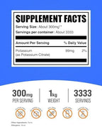 BulkSupplements.com Potassium Citrate Powder - for Hydration Support, Mineral Supplement, Potassium 99mg - Gluten Free, 300mg per Serving, 1kg (2.2 lbs) (Pack of 1)