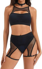 Women‘s Rave Outfits Set: Cutout Fishnet Lingerie Top High Waisted Dance Shorts for Festival Party