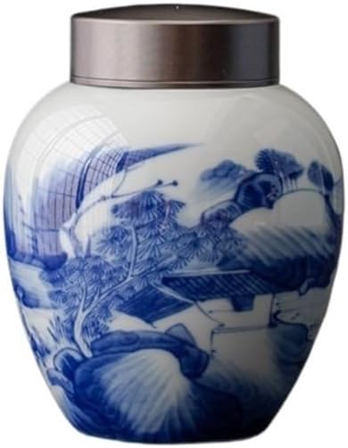 Airtight Tea Container Vintage Blue and White Porcelain Bulk Tea Storage Jar Chinese Style Ceramic Sealed Metal Double Cover Ceramic Tea Caddy(Small)