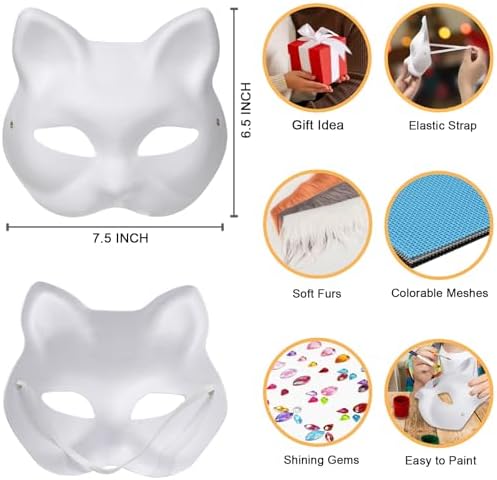OPPKIE Cat Fox Mask 3PCS with Furs Eye Meshes and Gem Stickers, Therian Dress Up Masks to Paint, Animal Mask Arts Crafts Kit, Costume Masks for Halloween Masquerade Cosplay Party Interaction