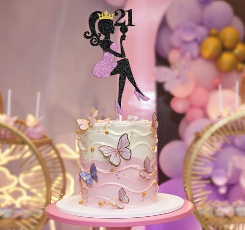 Lady Happy 21st Birthday Cake Topper, Makeup High Heel Fashion Themed Party Supplies,Time to Legal, Birthday Queen 21st Sexy Party Decoration Supplies for Women, Black and Pink Glitter