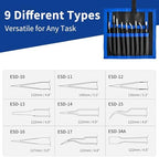 XOOL 9 PCS ESD Precision Tweezers Set, Anti-Static Stainless Steel Tweezers Kit for Electronics, Soldering, Craft, Jewelry, Model Building