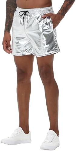 NewL Mens Gold Metallic Shiny Rave Night Club Shorts Comfort Sweatpants Disco Dance Party Elastic Trousers