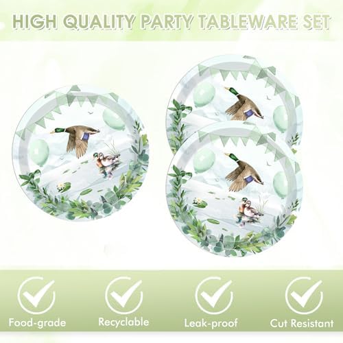 40PCS Lucky Duck Birthday Decorations Disposable Mallard Duck Hunting Birthday Party Supplies Tableware Set Include Paper Plates, Napkin for Duck Baby Shower Table Decorations, Serves 20