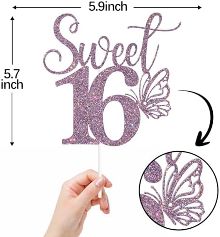 Purple Glitter Sweet 16 Cake Topper, Butterfly Happy 16th Birthday/Happy Sweet 16, Funny Butterfly Themed 16th Birthday Party Decorations
