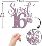 Purple Glitter Sweet 16 Cake Topper, Butterfly Happy 16th Birthday/Happy Sweet 16, Funny Butterfly Themed 16th Birthday Party Decorations