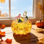 Healifty Crystal Pumpkin Jewelry Box with Metal Flower Stem Lid Trinket Box Glass Figurine for Fall Decor Earrings Storage Art Home Thanksgiving Ornament 3.34 inch