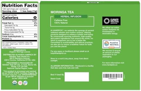 HANDPICK, Organic Moringa Tea Bags (100 Count), Pure Moringa Leaves | Authentic Indian Origin | Caffeine Free, Non GMO | Round Eco-conscious Teabags
