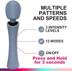 Wand Massager - 12 Vibration Modes & 3 Speeds Cordless Personal Massager - IPX7 Waterproof Handheld Electric Massager for Muscle Recovery & Stress Relief - 7.9" Rose Blue