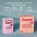 August Light Tampons - 72-Pack 100% Organic Cotton Tampons for Women and Anyone Who Menstruates, Non-Toxic, Fragrance-Free, and Hypoallergenic with Long Applicators (3 Boxes of 24)