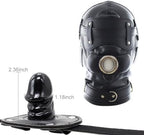 FST Black Leather Bondage Mask Hood,Full Face Blinder Detachable Cover Eye Dildo Mouth Gag Head Hood, for Unisex Adult Play