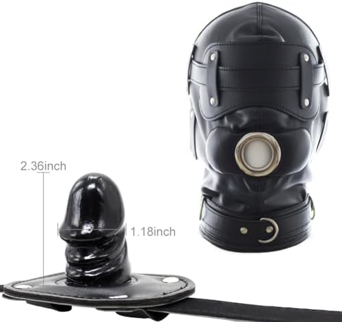 FST Black Leather Bondage Mask Hood,Full Face Blinder Detachable Cover Eye Dildo Mouth Gag Head Hood, for Unisex Adult Play
