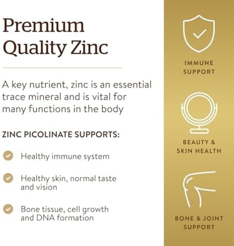 Solgar Zinc Picolinate 22 mg, 100 Tablets - Promotes Healthy Skin - Supports Immune System, Normal Taste & Vision - Antioxidant – Non-GMO, Vegan, Gluten Free, Kosher - 100 Servings
