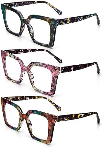 3 Pack Stylish Square Frame Reading Glasses for Women, Blue Light Blocking Comfortable Readers