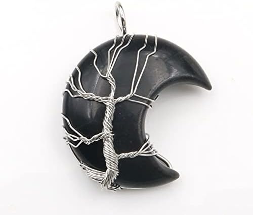 Plated Wire Wrap Tree of Life Crescent Moon Opalie Opal Pendant Green Aventurine,Black Agates
