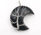 Plated Wire Wrap Tree of Life Crescent Moon Opalie Opal Pendant Green Aventurine,Black Agates