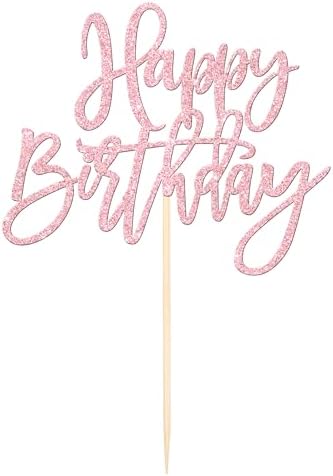 1 PCS Happy Birthday Cake Topper Glitter Cake Pick for Celebrating Anniversary Theme Party Cake Decorations Supplies Light Pink