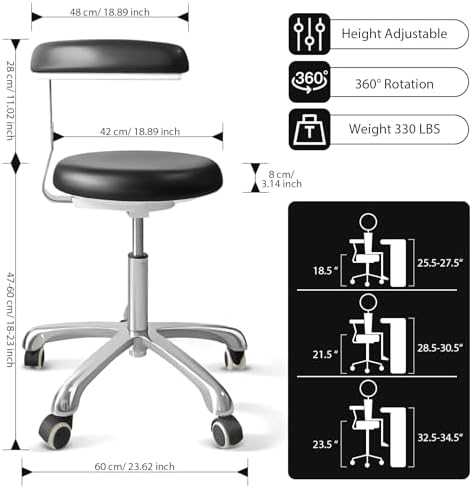 Medical Stool on Wheels with 360 Degree Swivel Armrests PU Leather Medical Stool, Height Adjustable, Salon, Shop, Home and Medical Dental Assistant Chair, Black